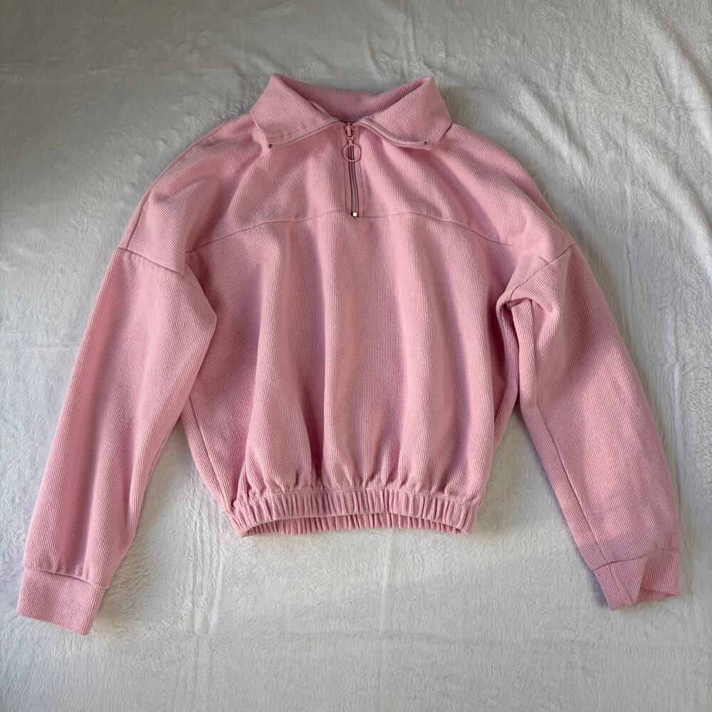 DeFacto Young Half-Zip Cropped Pullover Sweatshirt Women's XS Pink Ribbed Sporty